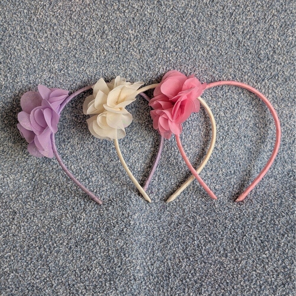 Cat & Jack Girls 3pk Chiffon Flower Headbands Pink Purple Cream Hair Accessories